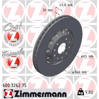ZIMMERMANN Bremsscheibe 600.3262.75 Vorderachse 340mm 30mm für VAG