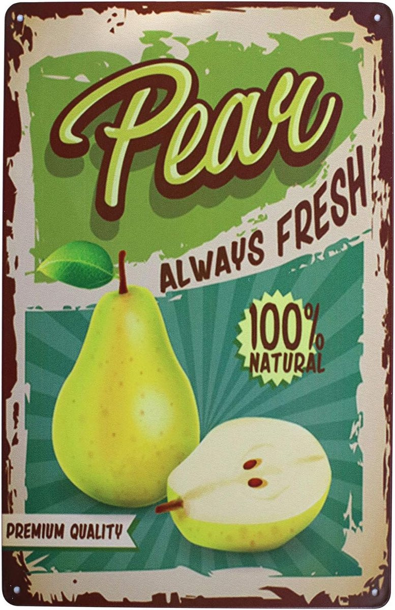 Vintage Tin Plaat Wanddecoratie Metaal met Peer - 20 x 30 cm