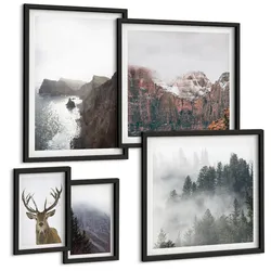 BILDER SET 5er Set - 50x50 cm & 20x30 cm & 40x60 cm Schwarzer Rahmen - Berglandschaft Nebel Hirsch