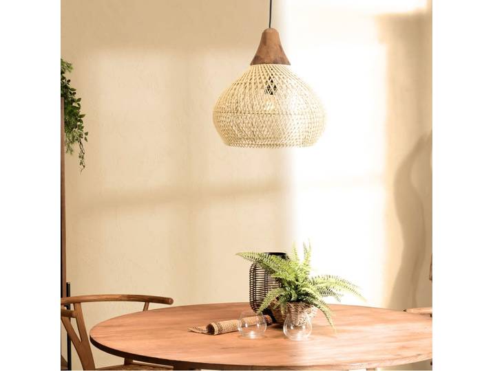 Suspension ''cloche'' 40x40cm rotin couleur naturelle et teck