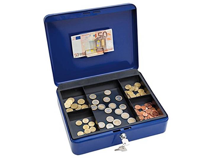 WEDO 145403H geldcassette van gepoedercoat staal, bankbiljetten- en documentenklemmen, 5-vak-munteninzet, veiligheidscilinderslot, blauw