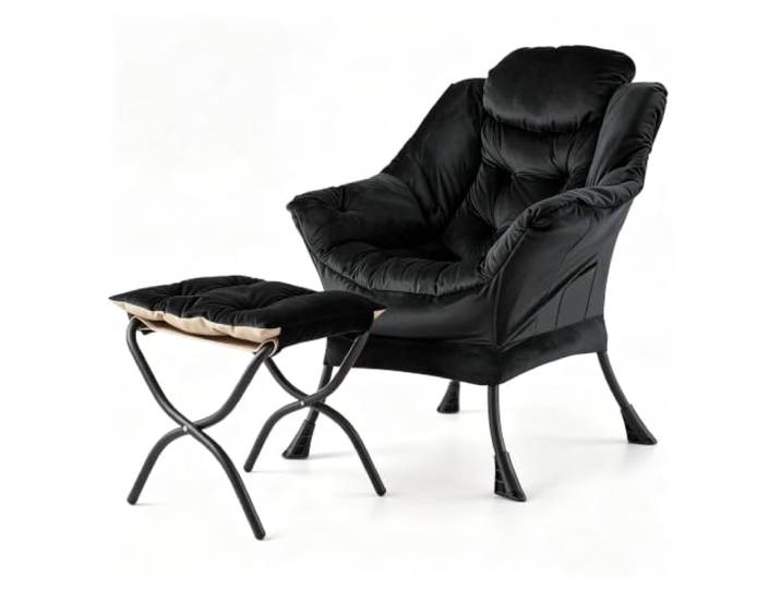 Koioplie Sessel mit Hocker Holland Velvet Gepolstert Seitentasche Schwarz Seitentasche, weiche Polsterung, flexible Fußablage, Lesesessel, Schlafzimmer