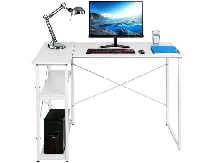 Bureau d'angle L-MENGDA-Bureau informatique avec rangement pour ordinateur-Bureau de travail industriel pour petit espace-Blanc