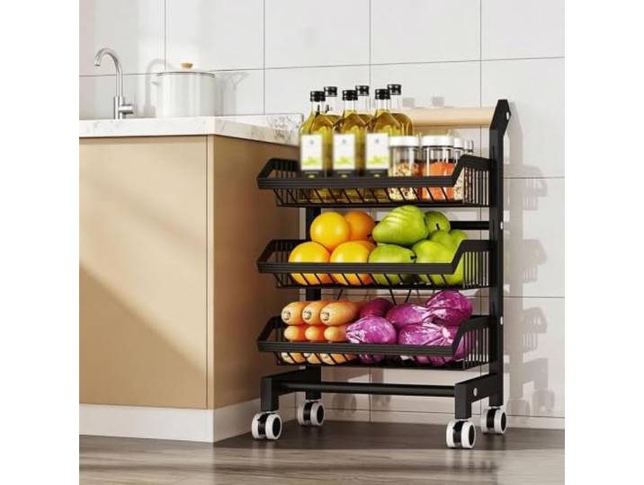 Dexinhdh Servierwagen, Gemüseregal mit Rollen Vorratskammer-Organizer für Lebensmittel, Snacks, Zwiebeln und Kartoffeln(Black,3-Tier)
