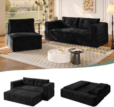 Kodotan sofa "80"" King Size Sleeper Sofa Bed, Plush Corduroy Deep Seat Sofa Couch with Independent Chaise and Functional Blanket,Convertible"