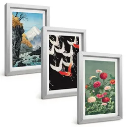 BILDER SET 3er Set - 20x30 cm Silberner Rahmen - Berge, Wasserfälle, Vögel, Blumen