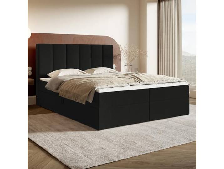 MOTIVENA Santiago Boxspringbett 160x200 Schwarz Samt, mit Bonellfederkern-Matratze (H4), mit T28 Komfortschaumstoff Topper (H3), Boxspringbett 160x200 mit Bettkasten Schwarz