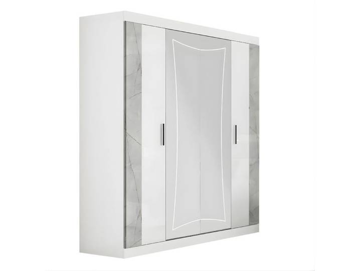 Armoire 4 portes avec 2 portes miroir centrales laqué blanc et imitation marbre - GENESIS