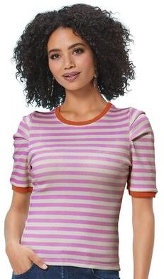 Masseys Puff Sleeve Ribbed Tee (Size Large) Orchid/Cream/Orange, Cotton,Elastine