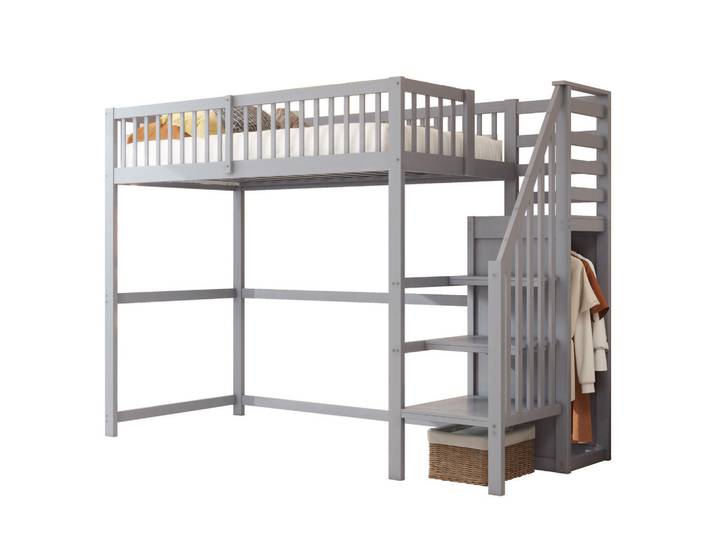 Komhtom Hochbett 90x200 mit Treppe, Aufbewahrungsregal und einfachem Kleiderschrank, grau, Grau, Holz, Mode, 90x200 cm, Babymöbel & Kindermöbel, Kinderzimmer & Jugendzimmer, Kinderbetten, Hochbetten