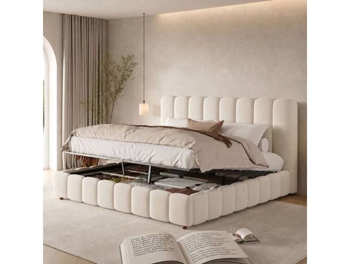 Lit coffre 160x200 cm beige lit double en velours sommier et rangement hydraulique – Norevia