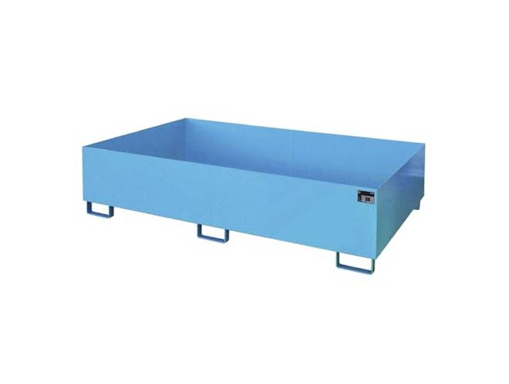 Regal-Bodenwanne, 1000 l Auffangvolumen, LxBxH 2150 x 1300 x 505 mm, ohne Gitterrost, blau lackiert.