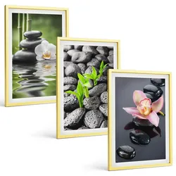 BILDER SET 3er Set - 40x60 cm Goldrahmen - Eine ruhige Zen-Komposition aus Blumen und Wasser