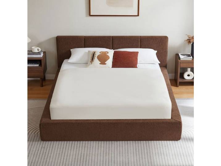 MEUBLIV Lit 160x200 cm avec tête de lit rembourrée cadre en acier renforcé sommier à lattes marron