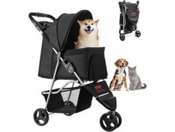 VEVOR Hundewagen, Tragkraft 16 kg, faltbarer Tierbuggy, Katzenwagen mit 3 Rädern, Netzfenstern & Getränkehaltern, Hundebuggy mit Bremse, für kleine bis mittelgroße Haustiere