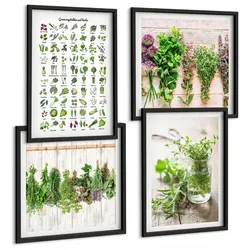 BILDER SET 4er Set - 50x50 cm & 40x60 cm Schwarzer Rahmen - Getrocknete Kräuter für die Küche
