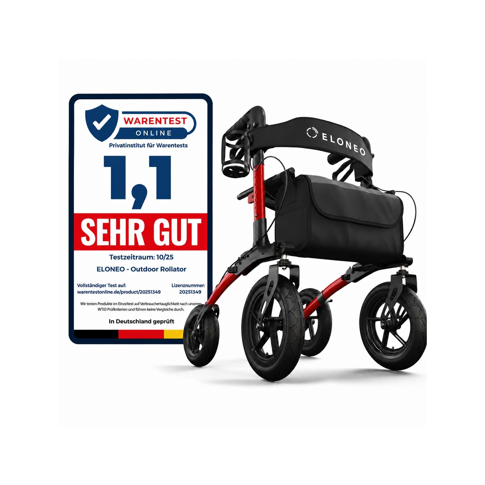 ELONEO Rollator faltbar und leicht mit Sitz, Outdoor Rollator mit Luftbereifung, höhenverstellbar aus Aluminium Rot