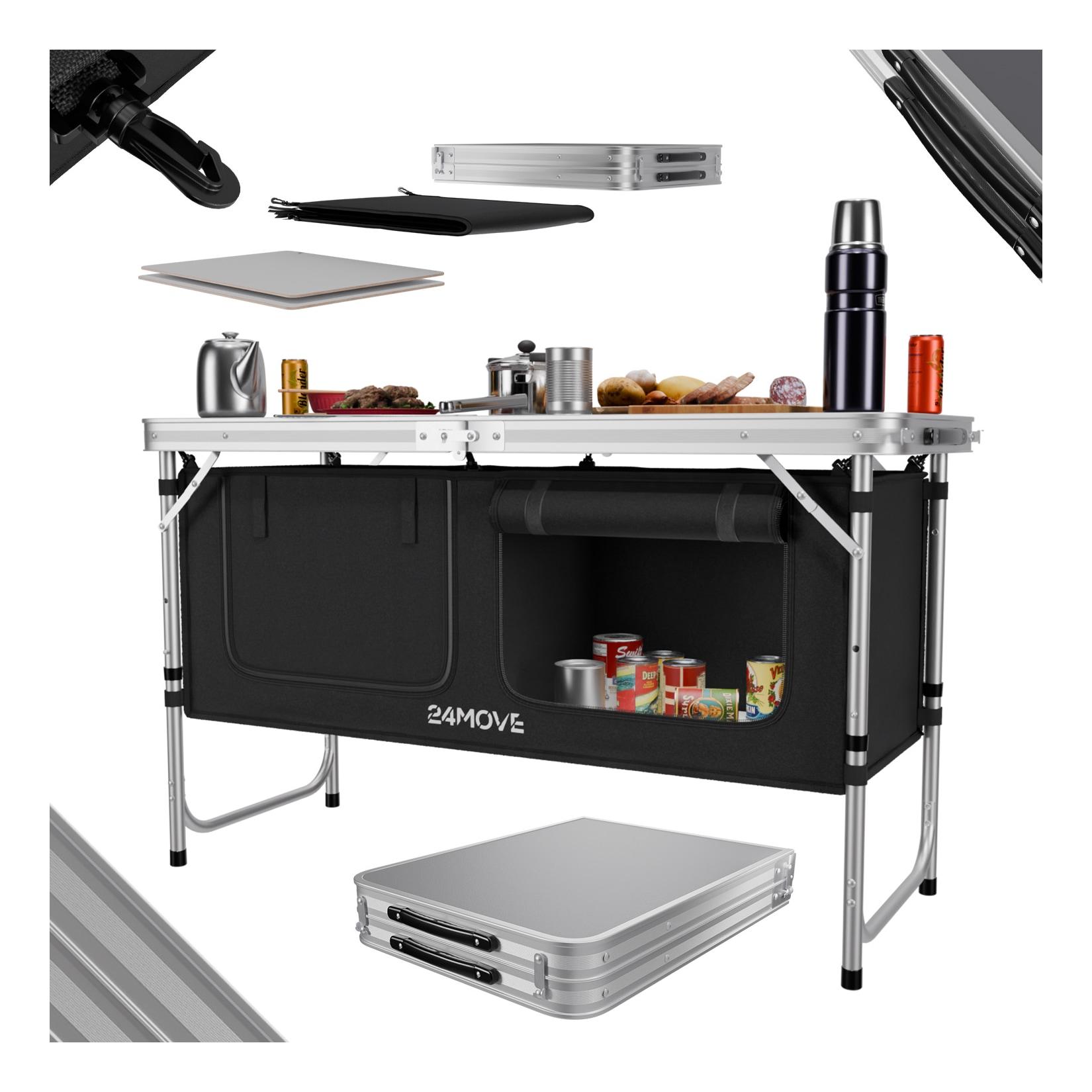 24MOVE® Campingküche PRAIA faltbar, höhenverstellbarer Campingschrank Alu Reiseküche mit Arbeitsplatte und Staufächern, Outdoor Camping, tragbar