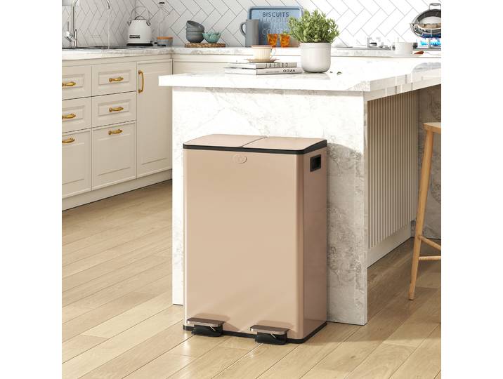 HOMCOM Poubelle 2 Compartiments 56L Acier Inox Or Cuisine