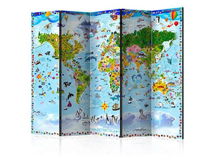 decomonkey Paravent Raumteiler Innen Weltkarte, 225x172 cm, 5-teilig, Tiere Einseitig, Welt, Wohnzimmer, Room Divider, Wall, Raumteiler Stehend, Trennwand, Sichtschutz, Spanische Wand, Sichtschutzwand