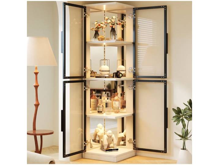 Vitrine d'angle avec 2 étagères miroir arrière et LED multicolore pour salon et bureau 44×42×164 cm blanc