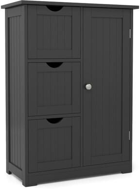Costway Bathroom Floor Cabinet Side Storage Cabinet with 3 Drawers and 1 Cupboard-Black