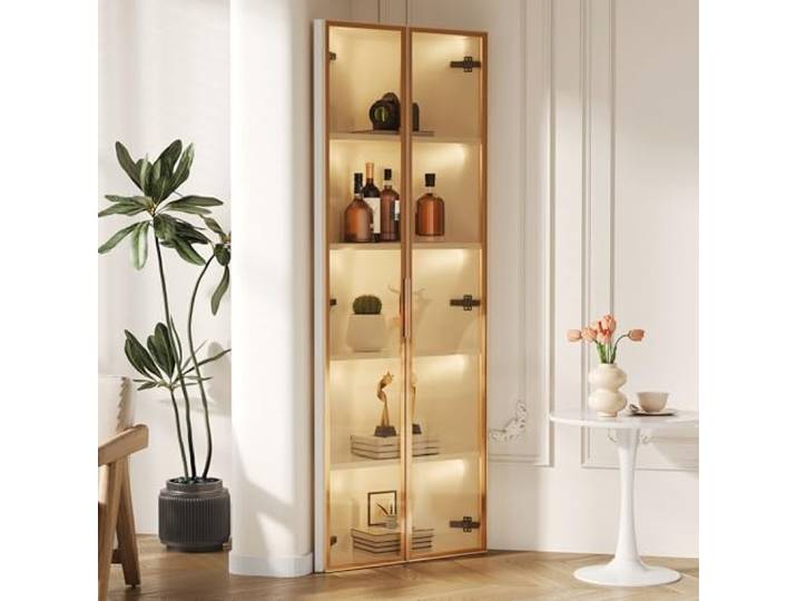 Merax LED-Glasvitrine 62x35x160 cm, staubdichter Schrank mit gehärtetem Glas, integrierte LED-Beleuchtung, als Sammlungsvitrine, Bücherregal, Weinschrank, Weiß