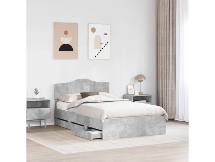 SKTQYQO Bettgestell, Zementgrau, 135 x 190 cm Technisches Holz, 6 versteckte Schubladen, Kopfteil inklusive, Kapazität 200 kg