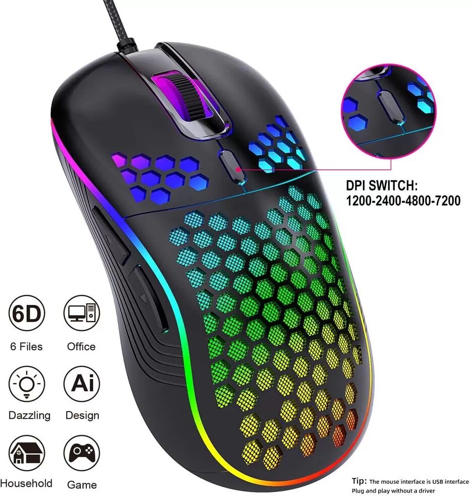 INF RGB Light USB Kabelgebundene Gaming-Maus - Kabelgebundenes Modell mit einstellbarer DPI Schwarz