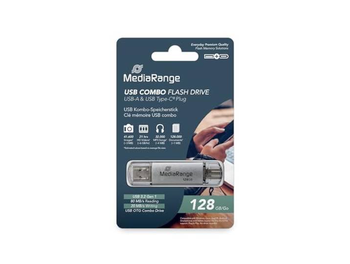 MediaRange MR938 USB 3.0 Combo met USB Type-C Connector 128GB Zilver
