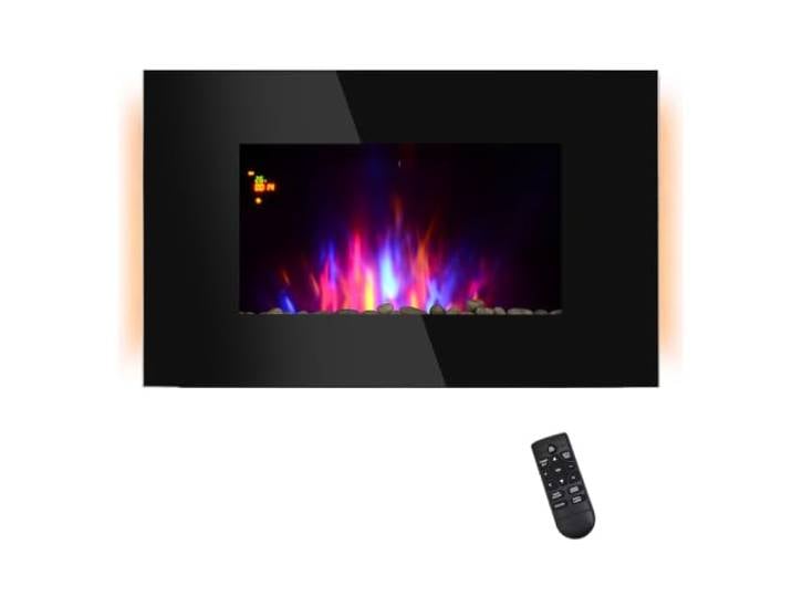 HOMCOM Cheminée électrique Murale LED 7 Effets Flammes 1000-2000 W Noir 7 Couleurs Ambiance\, Galets\, Télécommande\, Thermostat\, Minuterie