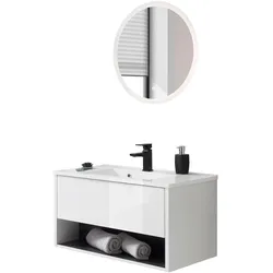 BADMÖBEL-SET weiß Hochglanz, grau, Kombination mit Waschbecken und LED Beleuchtung 80 cm