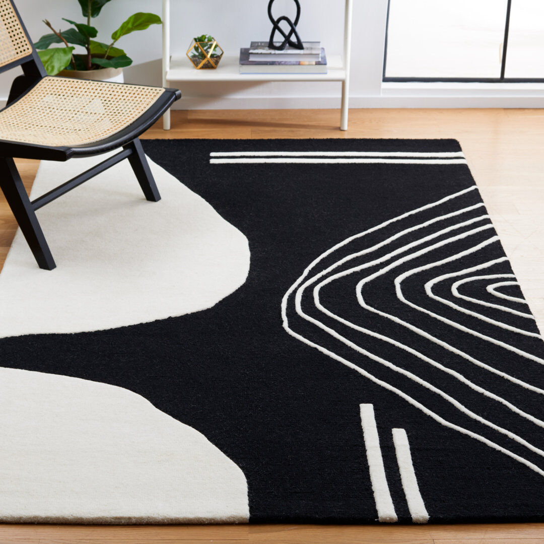 Bloomsbury Market Alisan Abstract Wool Hand Tufted Area Rug Black / Ivory Rectangle 152 X 244