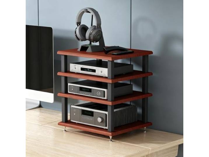YHTCSXMD HiFi Rack, Audio Rack mit Holzablagen in 2/3/4 Ebenen Holzablagen und Metallrahmen mit Metallspitzen; Audio Geräte Rack für Wohnzimmer, Arbeitszimmer oder Büro