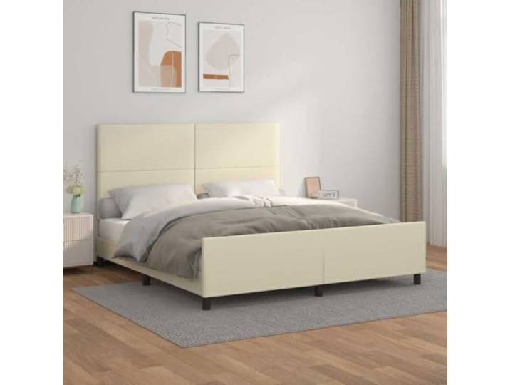 Bettgestell Creme mit Kopfteil 160 x 200 cm Kunstleder Polyvinylchlorid Kopfteil höhenverstellbar, stabile Sperrholzlatten, fürs Schlafzimmer, Matratze nicht enthalten, Schlichtes Design
