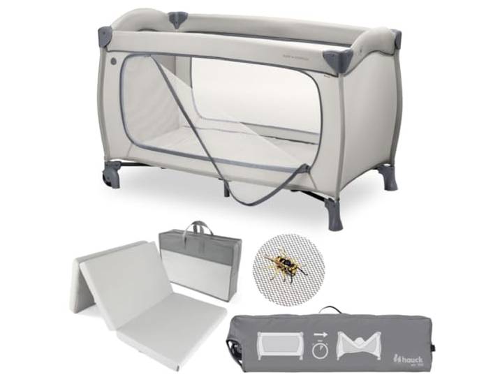 hauck Sleep N Easyfold Baby Reisebett Set- Dark Grey inkl. Matratze & Insektenschutz schnell faltbares Kinder Reisebett mit Rollen, Seiteneingang & Transporttasche