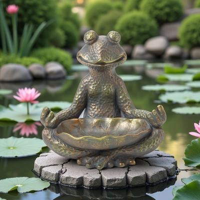 "Glitzhome MGO Lucky Stacked Frogs Garden Statues with ""Welcome"" Sign Zen-style Sculpture"