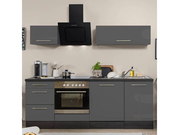 Cuisine Amanda II 220cm Gris/Gris brillant/Imitation chêne gris