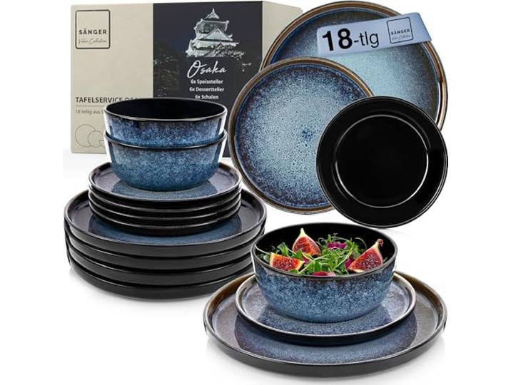 SÄNGER Osaka Steingut Geschirr Set 18 tlg, Teller Set 6 Personen Geschirrset 6x Speiseteller 6x Müslischalen 6x Dessertteller, Tafelservice blau mit schwarzem Rand kratzfest