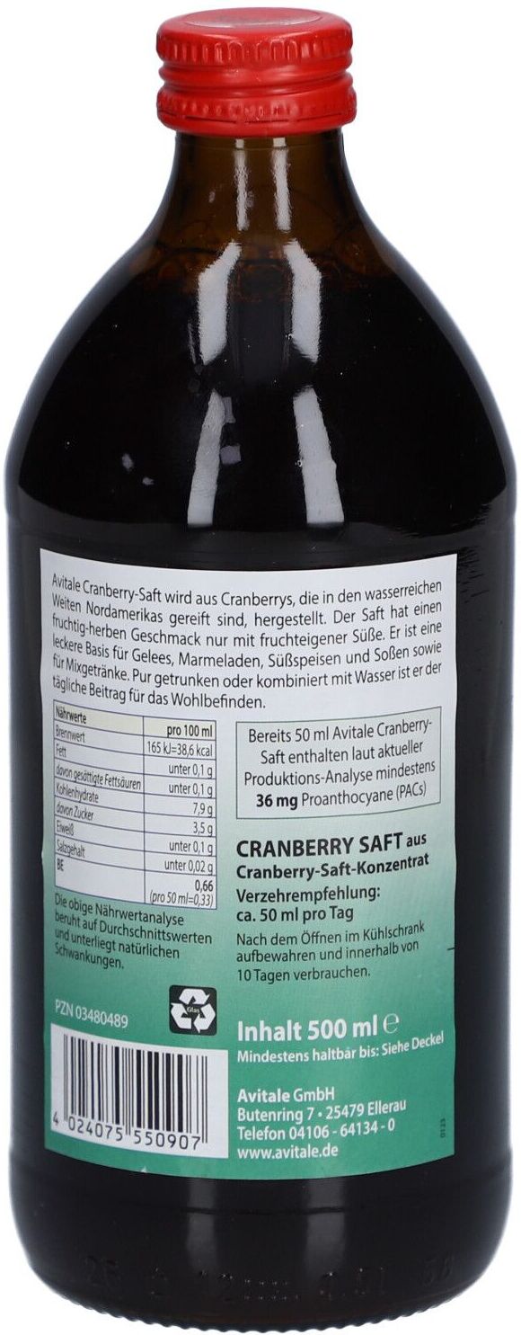 Avitale Cranberrysaft-Fruchtig-herb, purer Fruchtgenuss aus Cranberrys Saft 500 ml 500 ml Saft