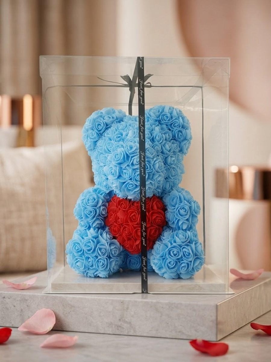 Rose Bear XXL Lichtblauw met Rood Hart – Luxe Rozen Beer voor Valentijnsdag en Romantische Cadeaus