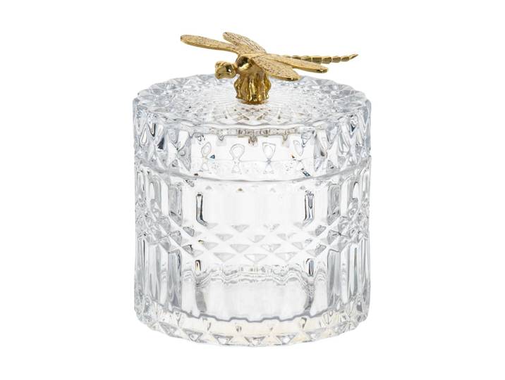 Bonbonniere aus transparentem Glas mit goldener Libelle