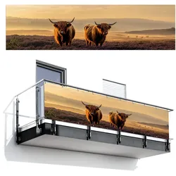 BALKON-SICHTSCHUTZ Schottische Hochlandbewohner - Heide - Landschaft - Tiere Witterungsbeständig 300x80 cm