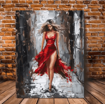 Inspire Picks Elegant Woman In Red Dress Framed Canvas Oil Painting Vibrant Portrait Wall Art 50x70cm tnb 250305000219
