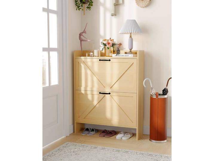 Meuble à Chaussures moderne 2 abattants – Armoire compacte entrée couloir – 14 paires – Bois naturel