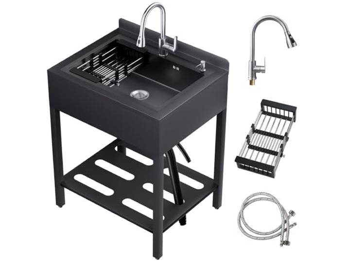 Freistehendes Edelstahl-Spülbecken, freistehendes gewerbliches Einbeckenspülbecken mit ausziehbarer Kalt- und Warmwasserarmatur, Sink Handwaschspüle für Küche (schwarze, M- 65.1 x 52.1 x 95.3CM)