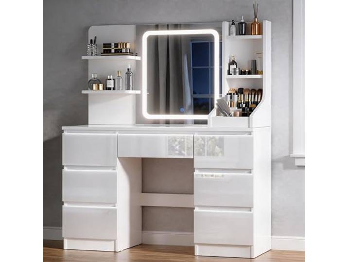 TRIUMPHKEY Schminktisch mit LED-Beleuchtung,Hochglanz Weiß,7 Schubladen,4 Regale,Kosmetiktisch mit Spiegel,für das Schlafzimmer,108x40 cm,Weiß