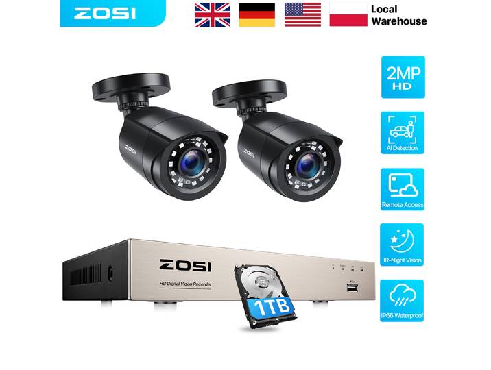 Système de caméra de sécurité ZOSI 1080P, kit DVR filaire 8 canaux pour extérieur et intérieur avec vision nocturne 80 pieds, ensemble de vidéosurveillance CCTV IP66, protection de la vie privée à