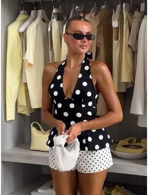 Daily Discovery Vintage Chic Backless Halter Top Polka Dot Bow Tie Women's Summer Blouse xs