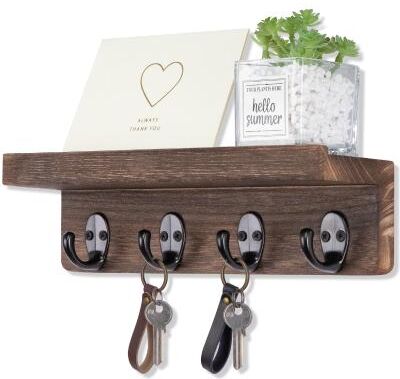 Perfect Picks Market Rustic Wall Key Holder & Mail Organizer For Entryway With 4 Hooks And Wooden Floating Shelf walnut